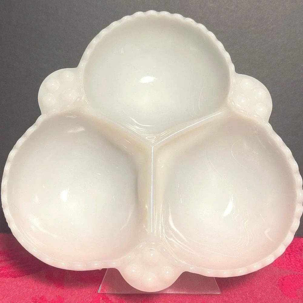 Vintage Fenton Milk Glass Hobnail 3 Compartment Relish Dish Candy Tray White MCM